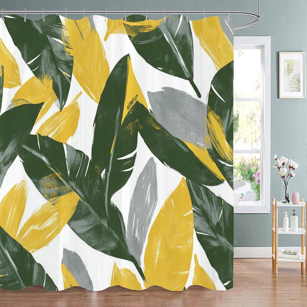 Tropical Green Leaves Monstera Pattern Shower Curtain, Bathroom Decorative Shower Curtain, Print Polyester Curtain With Hooks