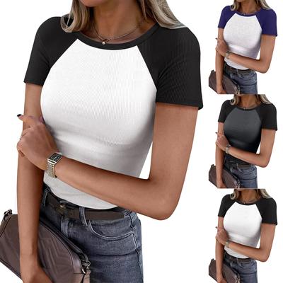 Women's Fashion Casual Short Sleeve Shirts Casual -Neck Color Block Tops