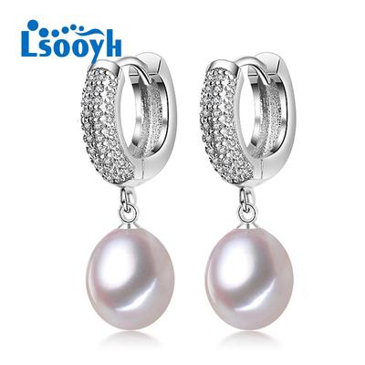 LSOOYH Cubic Zirconia Hoop Clip Oorbellen Parel Sieraden Natuurlijke Zoetwater Parel Oorbellen Voor Vrouwen
