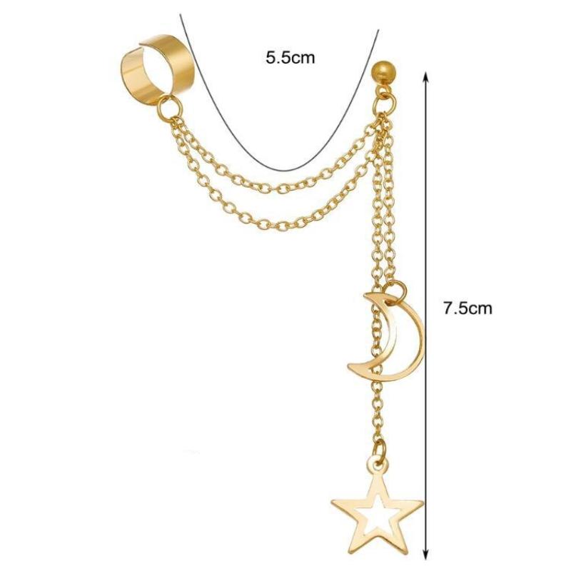 Vintage Pendant Metal Dangle Earrings With Long Chain Ear Clip For Women Silver Color Gold Color Star Moon Earring Jewelry