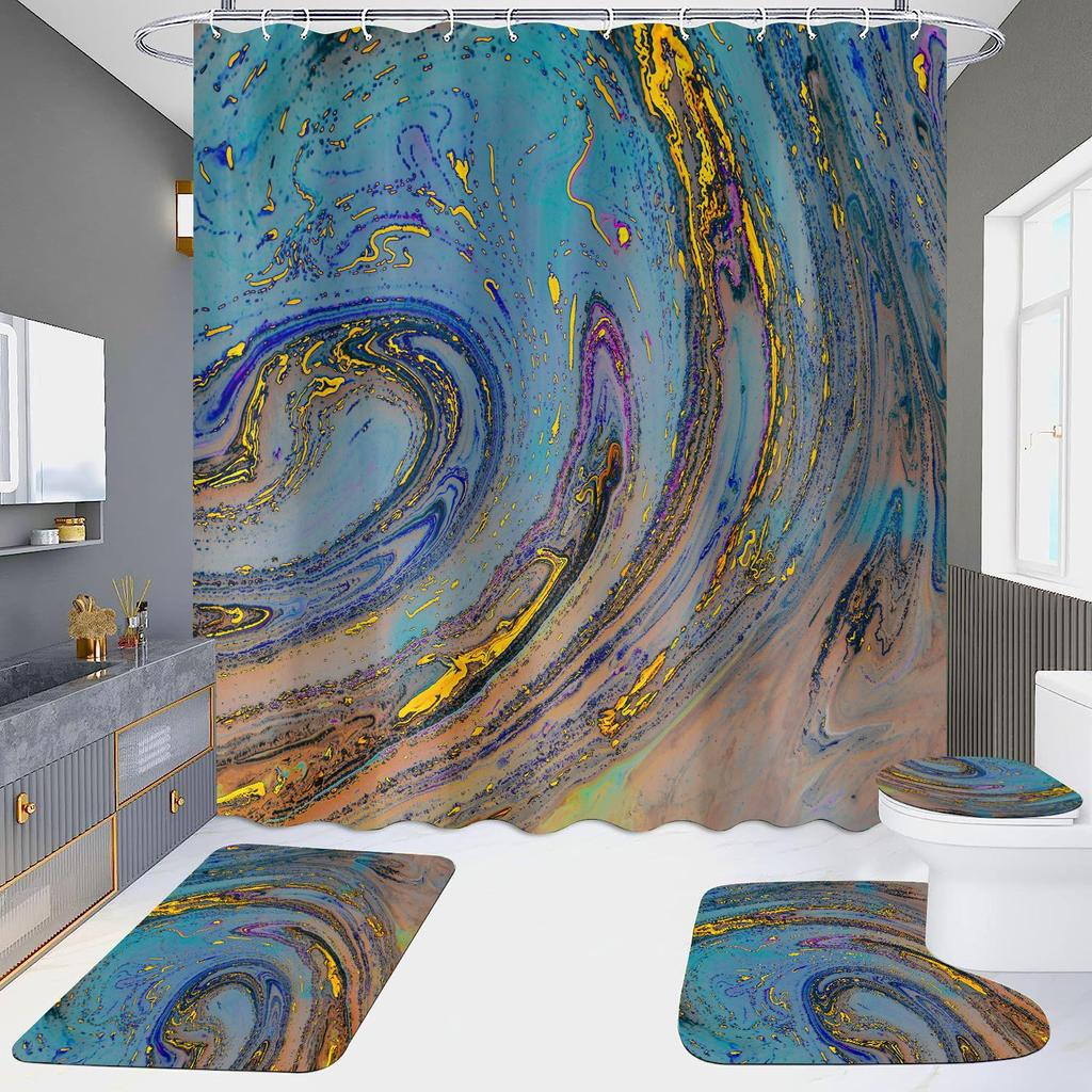 4Pcs Marble Series Shower Curtain Sets for Bathroom Non-Slip Bathroom Rugs Lid Toilet Cover Bath Mat