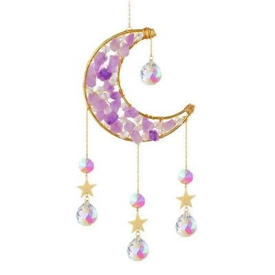 East Leaf Crystal Suncatcher, Drop Shape, Amethyst, Crescent Moon, and Star, for Window Hanging