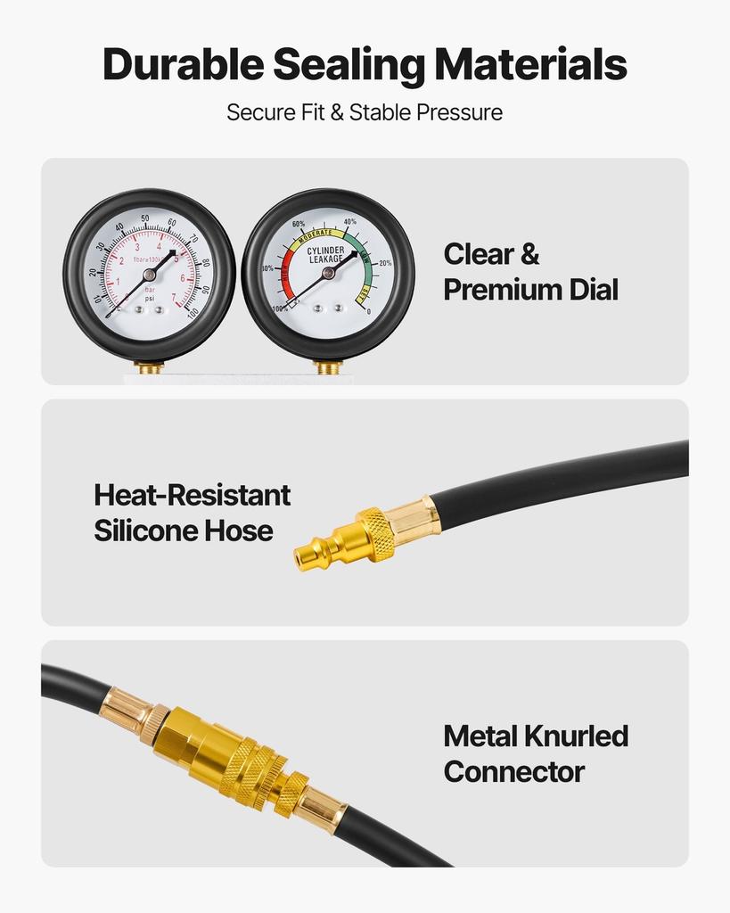 Engine Cylinder Compression Tester Kit, Pressure Gauge Range of 0-100 PSI, Automotive Leak Down Tester Kit with 4 Adapters, 2 Metal Tubes, Pressure