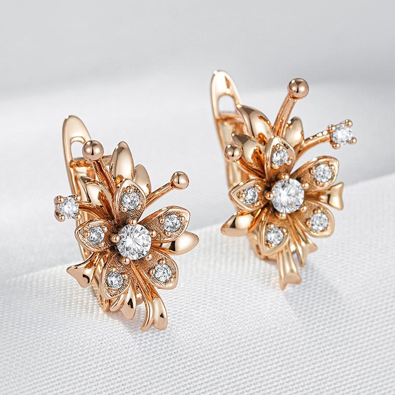 Kienl  Unique  Rose Gold Color Flower Drop Earring For Women Shiny Natural Zircon Accessories Daily Vintage Jewelry Gift