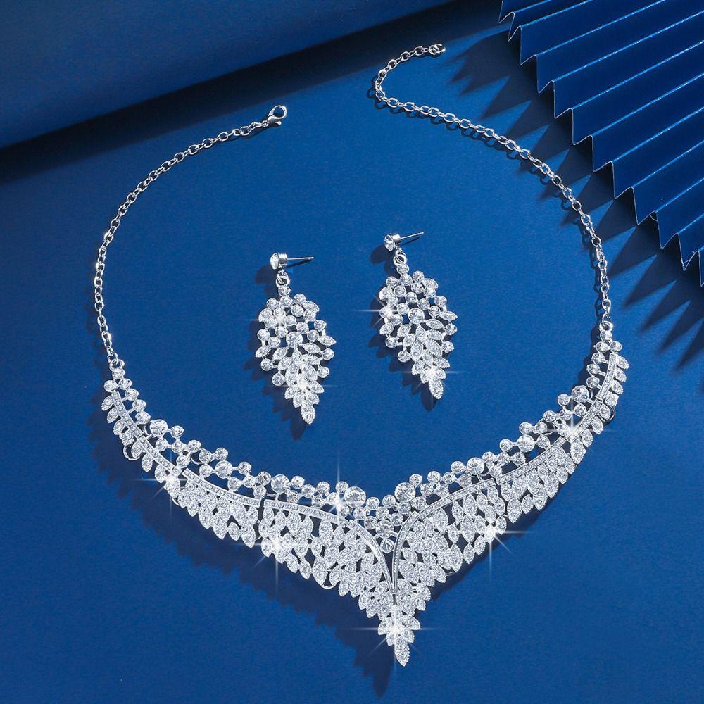 Fashion Jewelry Set Inlay Rhinestone Clavicle Chain Necklace Earring Set  Party