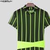 INCERUN Men Short Sleeve Mesh Sheer Patchwork Striped Party Club T-shirts Tops