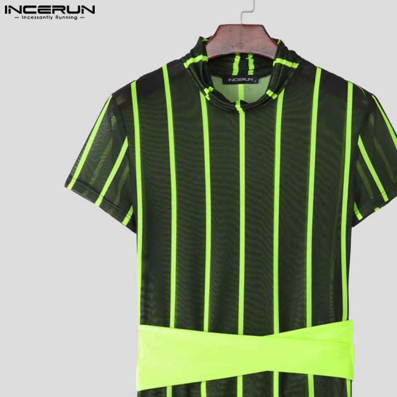 INCERUN Men Short Sleeve Mesh Sheer Patchwork Striped Party Club T-shirts Tops