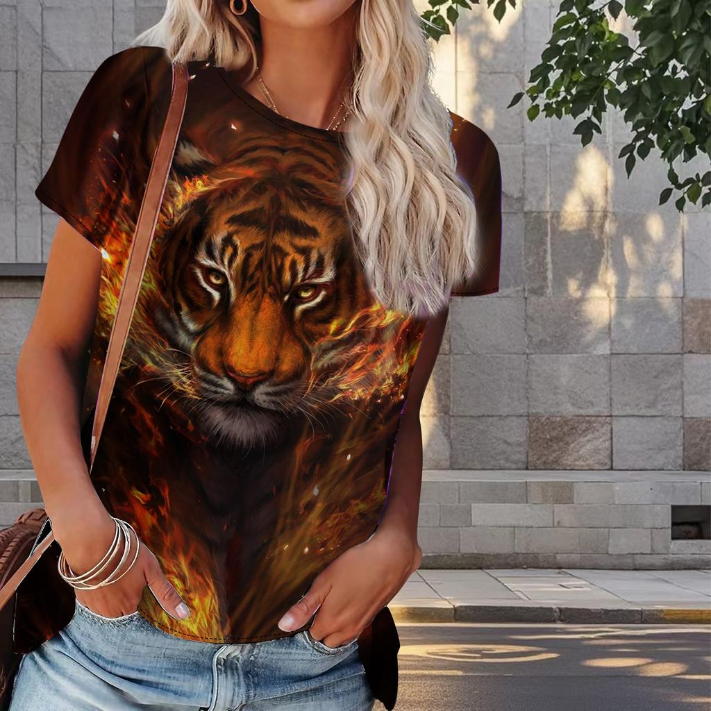 Women Summer T Shirt Tiger Print Retro Fashion Short Sleeve Tees Casual   Printed  Tops