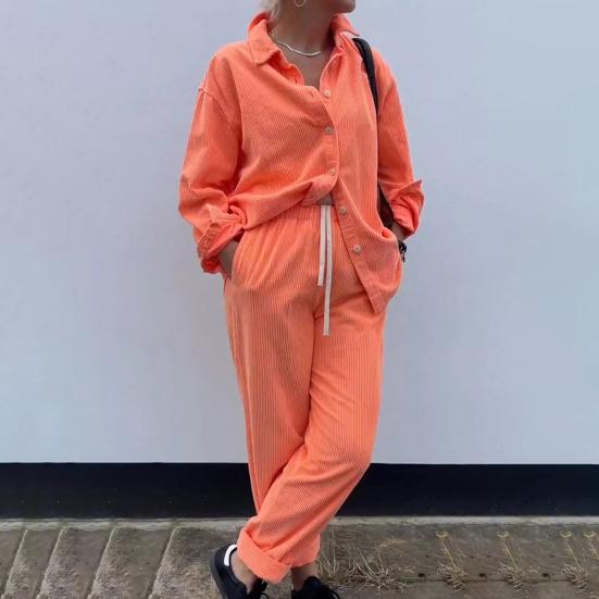 2 peças/conjunto feminino camisa calças conjunto turn-down colarinho simples trespassado mangas compridas solto