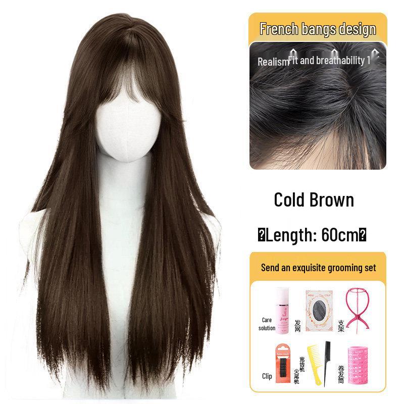 Women's Full Head Wig with Air Bangs - Black Long Straight Synthetic Hair, Fluffy and Natural for Daily Use.
