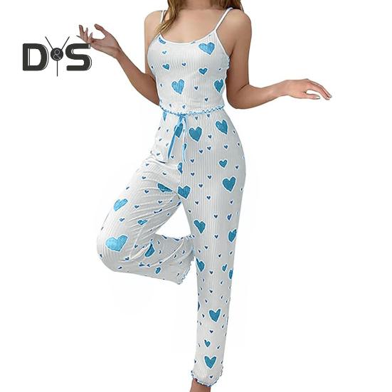 

2 шт./комплект женский жилет брюки костюм бант сердечко принт без рукавов сборка кант топ брюки с высокой талией домашняя одежда одежда для отдыха летняя одежда для сна XXXL синий