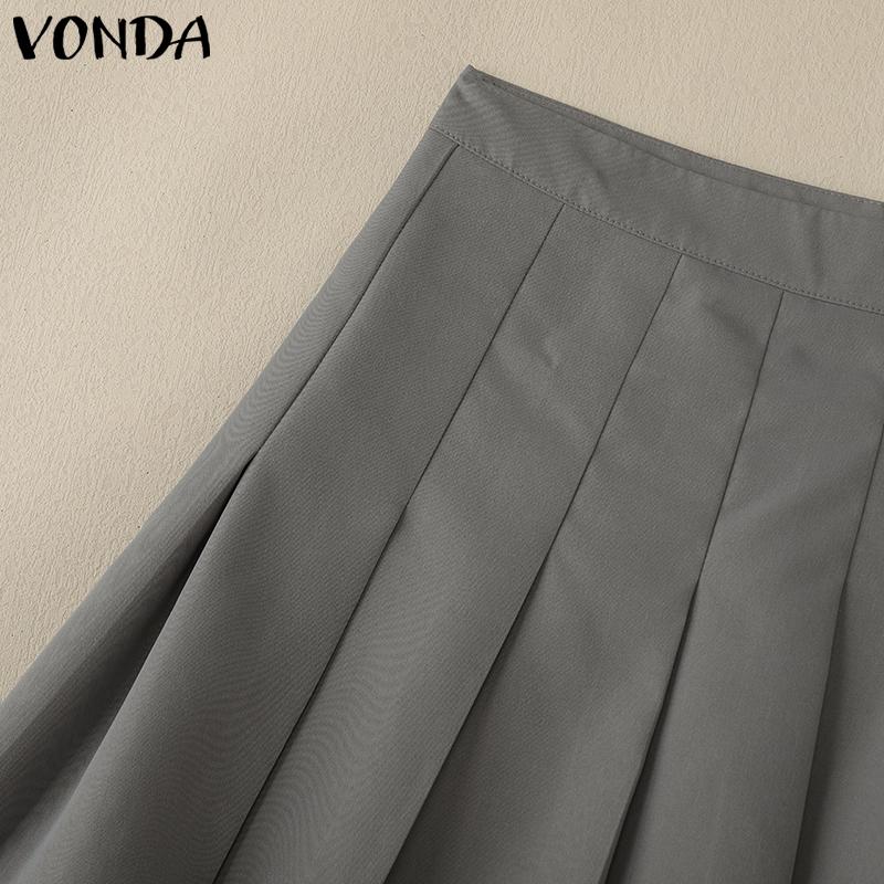 VONDA Women Zipper Up Waist Solid Color Mesh Patchwork Mini Pleated Skirts