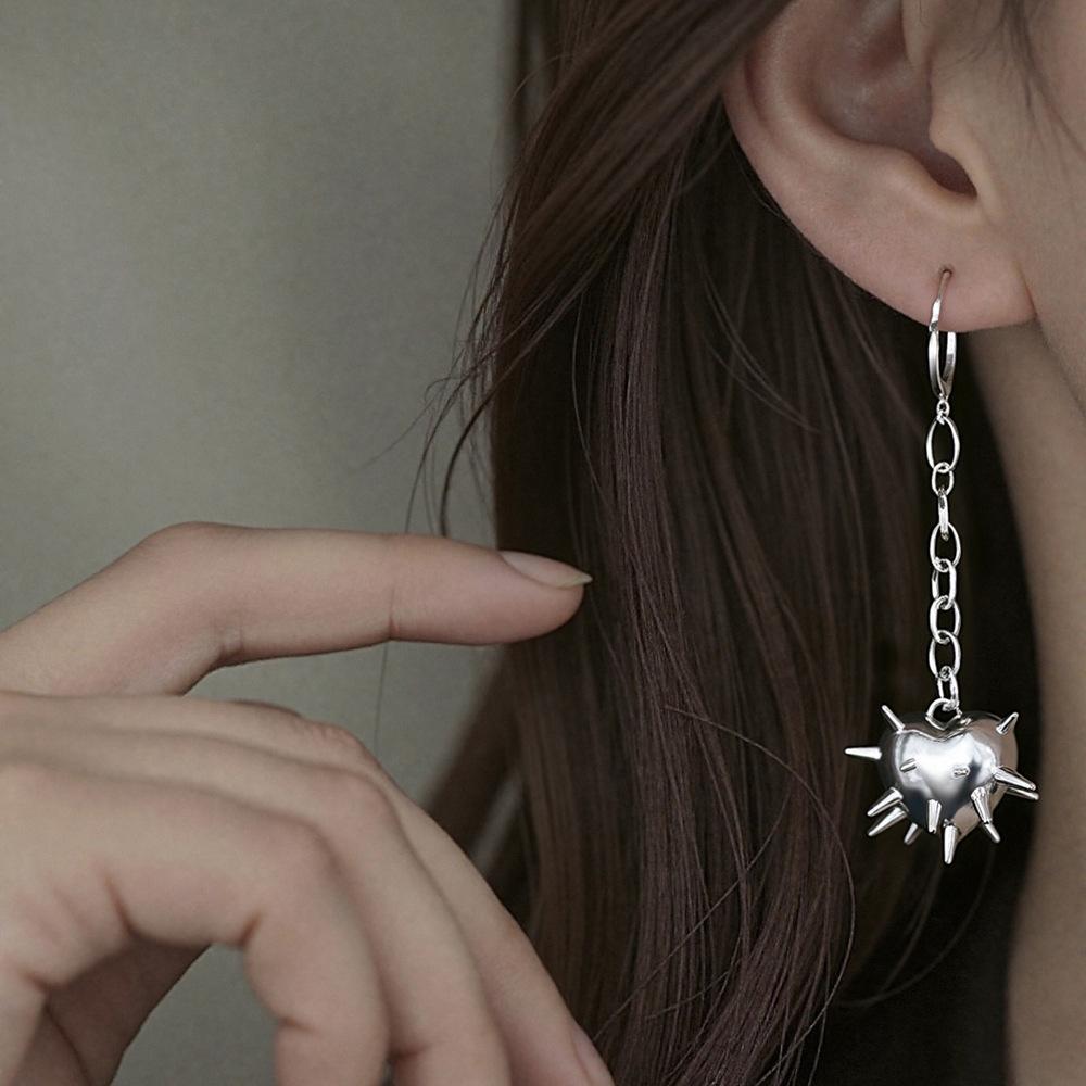 Silver Tone Spike & Black Bead Hoop Earrings, Gothic Punk Rock Rivet Drop Earrings for Women