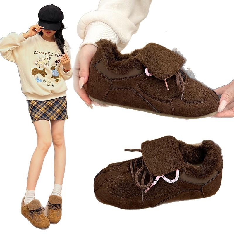 Retro Soft-soled Flat-soled Velvet German Training Shoes for Women's 2025 Winter New Inner Height-increasing Fluffy Shoes Versatile Warm Cotton Shoes