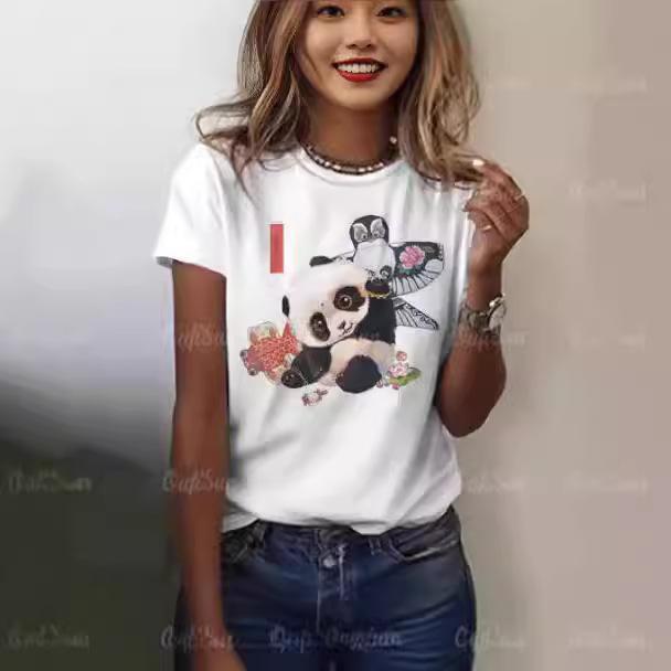 Cartoon panda pattern women's T-shirt O-neck short-sleeved T-shirt loose jumper summer women's fashion street