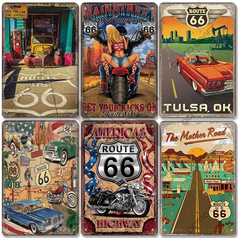 

Винтажный плакат Route 66, металлическая пластина, ретро дорожный автомобиль, мотоцикл, металлические жестяные знаки, настенный декор, гараж, клуб, заправочная станция, автомобиль