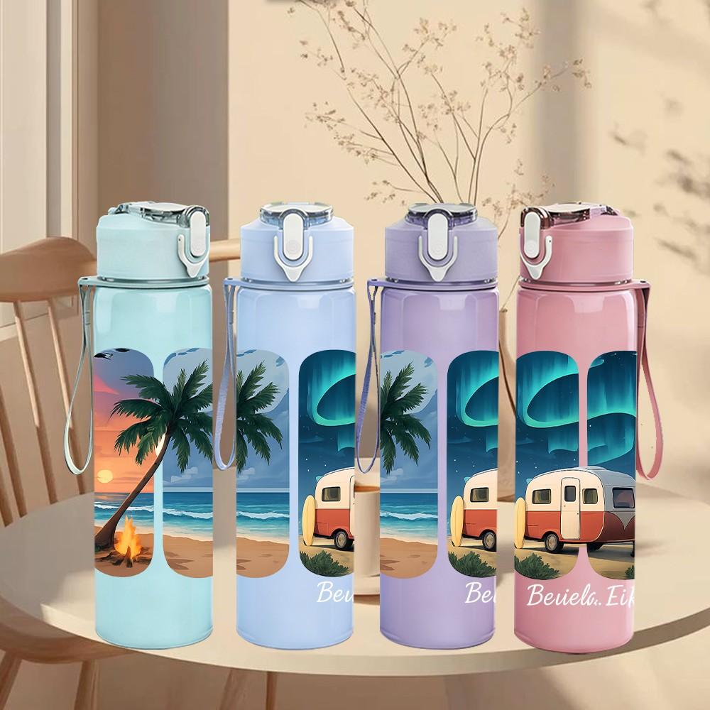 1PC Camper Van Tropical Coast Print 750ml Color Plastic Sports Water Bottle Leakproof Flip Straw Lid Suitable for Sports Office Home Use