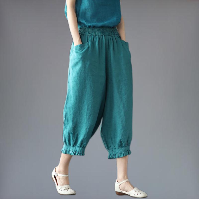 Summer New Retro Pleated Cropped Pants with Lace Casual Pants for Women Cotton and Linen Harem Pants Versatile and Solid Color