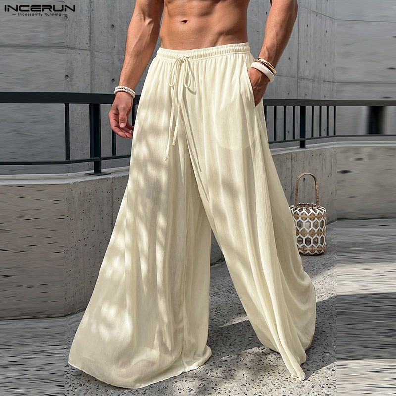 INCERUN Men Drawstring Elastic Waist Thin Casual Loose Long Wide Leg Pants Trousers