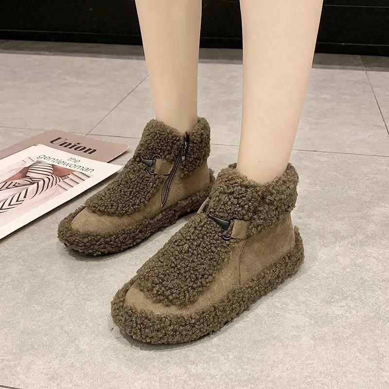 Snow Boots Women's 2025 New Lamb Wool Short Thermal Cotton Shoes Winter Wear Non-slip Flat-bottomed Velvet Short Boots