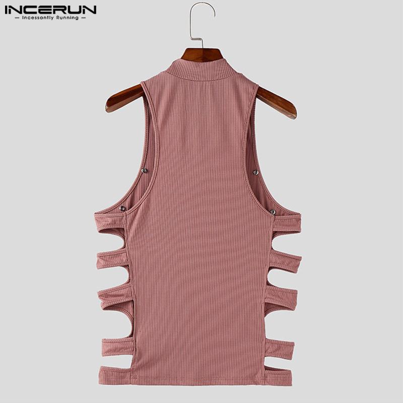 INCERUN Męskie letnie topy bez rękawów z okrągłym dekoltem i ozdobnymi guzikami, z wycięciami i ściągaczem