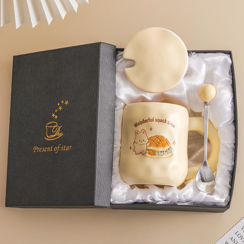 Cute Milk Fufu Cup Bread With Lid Spoon Wind Girls Ceramic Coffee Breakfast Cup Office