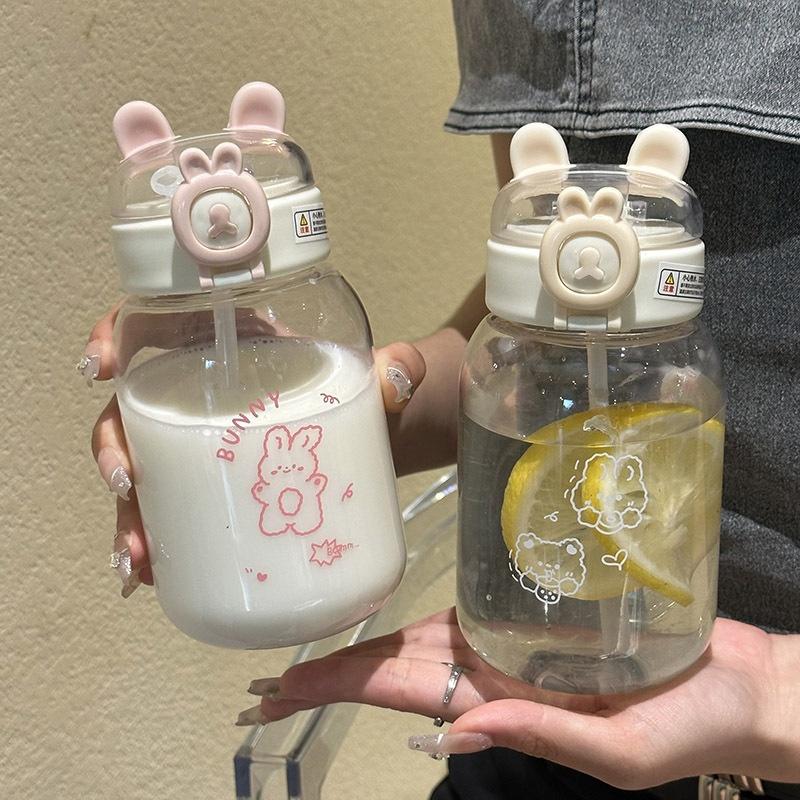 Sticla de apă de iepure Kawaii de 500 ml, drăguț portabil, ceașcă de băut în formă de ureche cu paie și capac Vase de vară pentru camping în aer liber