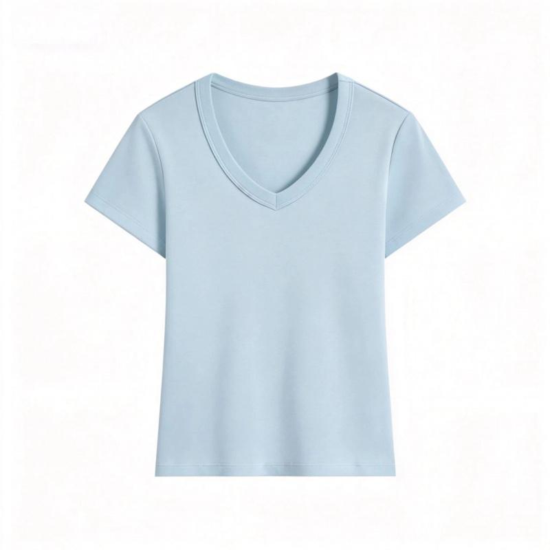 Summer Solid Color V-Neck Slim-Fit T-Shirt for Women, New Slim-Fit Round-Neck Short-Sleeve Top