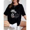 Vintage Black Oversized T-Shirt with Palm Tree, Hibiscus & Mountain-Moon Print – Tropical Minimalist Line Art Casual Top