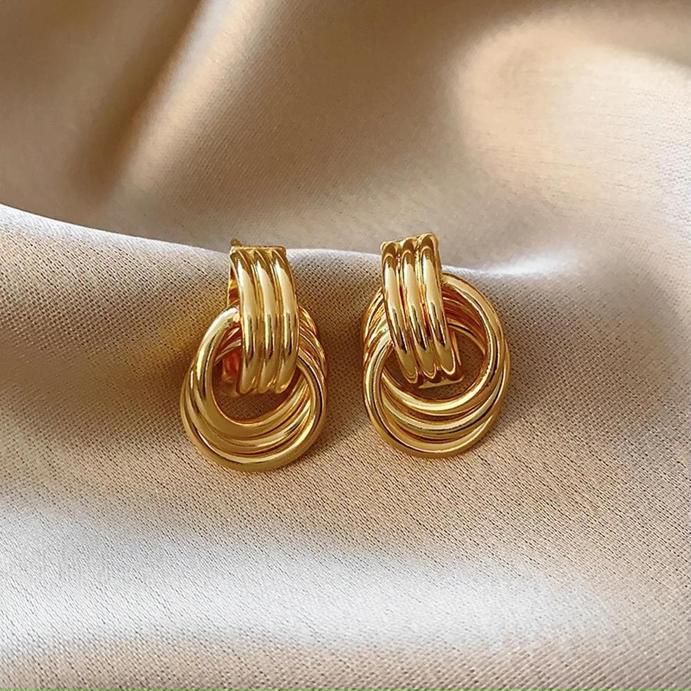 Fashion Glossy Three-Layer Textured Intersecting Knot Earrings for Women Gold Color Stainless Steel Earring Vintage Jewelry Gift
