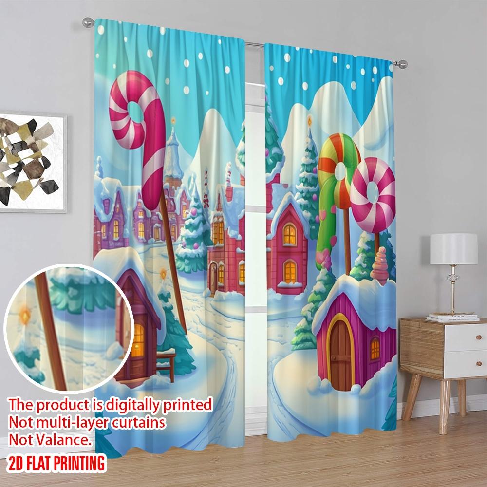 2pcs,2D Plane Printing Popular Curtains Candy Christmas Village Scene (4) Versatile Polyester (without Rod) Outdoor Decorations