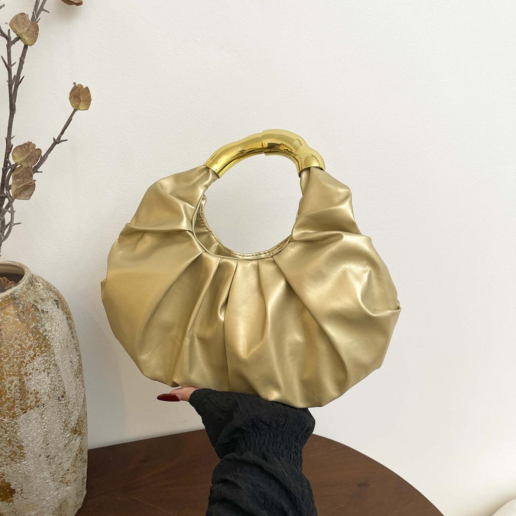 Fashion Ruched Faux Leather Women's Hobo Bag Gold Metal Handle Clutch Bags Elegant Evening Handbag for Party and Formal Events