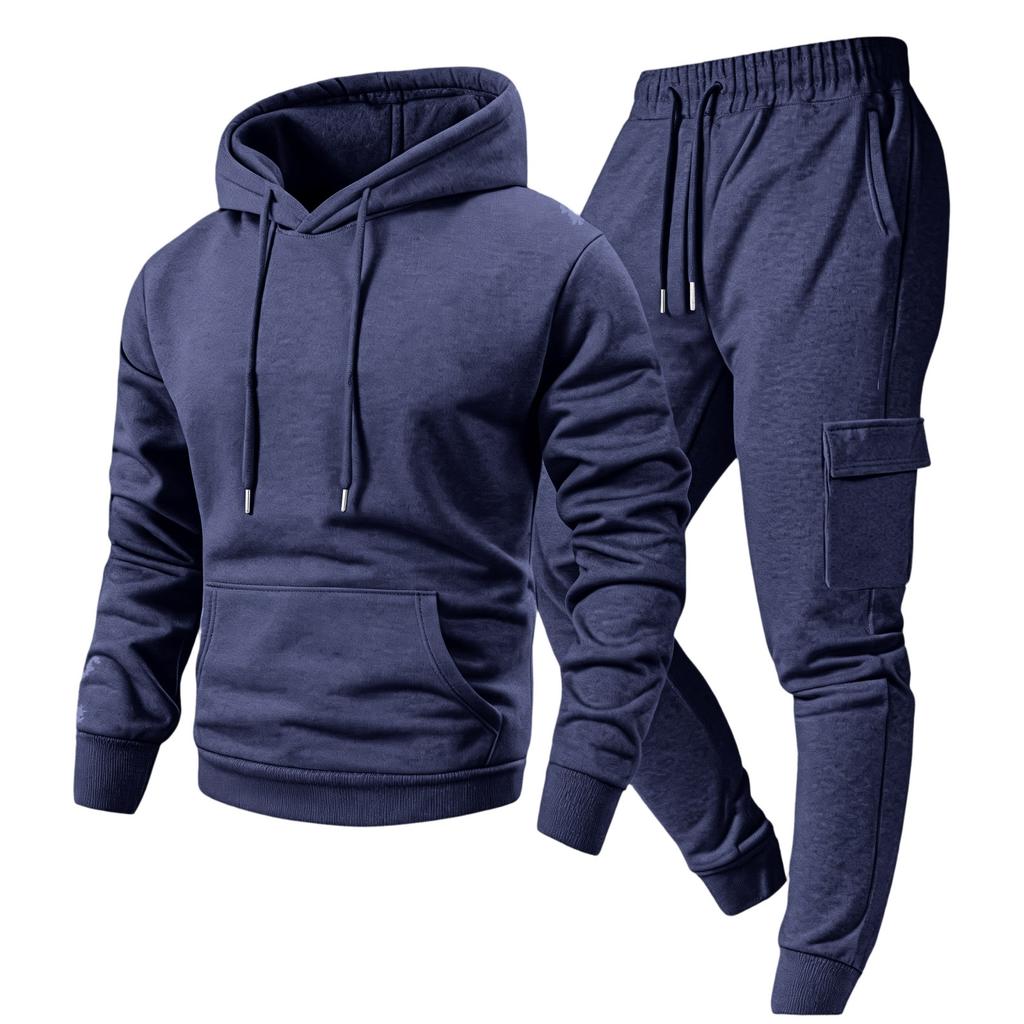 Men's Casual Outdoor Sports Two-Piece Set - Color Sweatshirt and Elastic Waist Cargo Jogger Pants