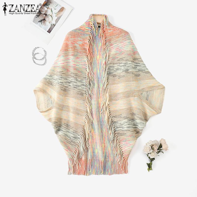

ZANZEA Autumn Spring Women Long Sleeve Open Front Striped Casual Tassel Knitted Sweaters Cardigan One Size абрикосовый