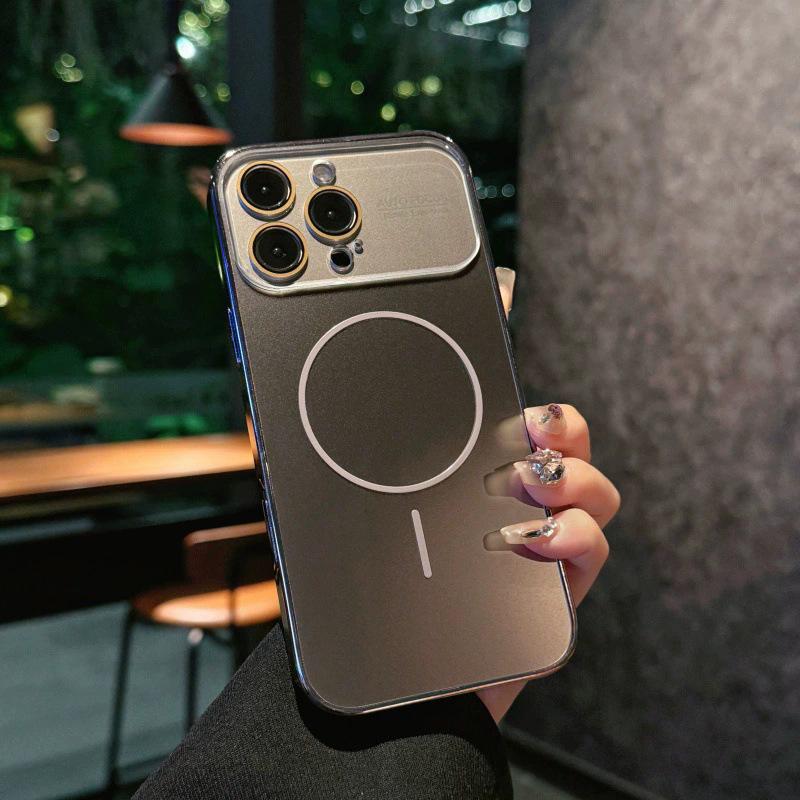 

Magnetic Large Window iPhone 17 Pro MAX Case with Electroplated Ring & Frosted PC for iPhone 16 13 серый