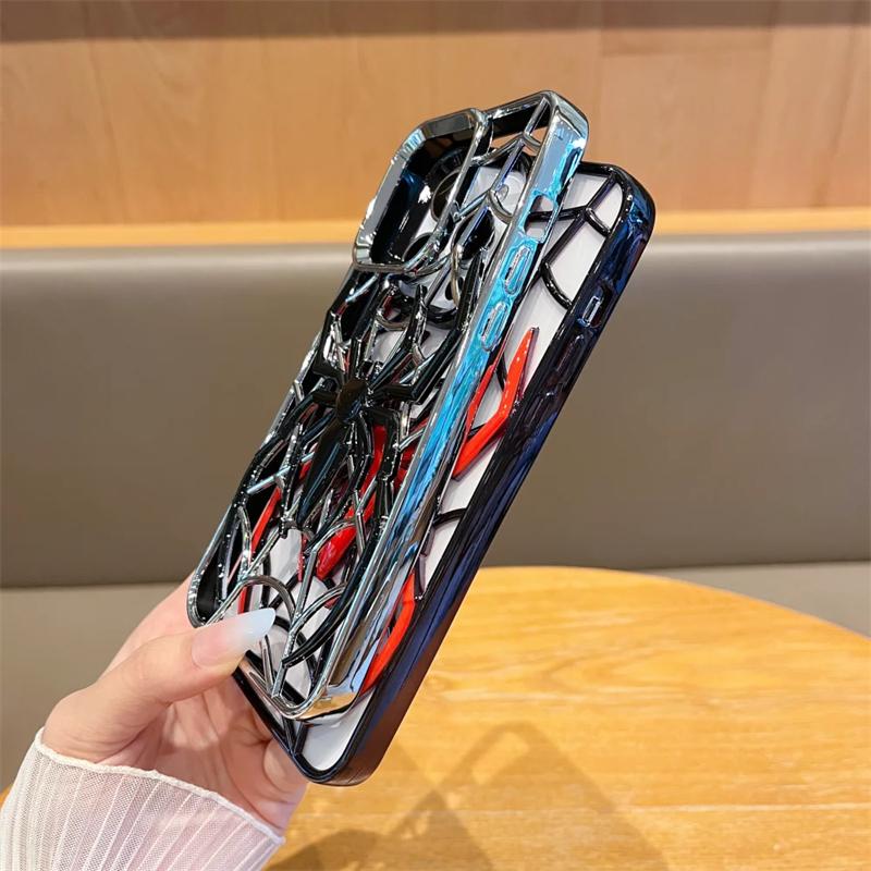 Funny 3D Hollow Spider Case for iPhone 16 15 14 13 12 11 Pro Max Soft TPU Plating Heat Radiation Cover for iPhone 14 15 16 Plus