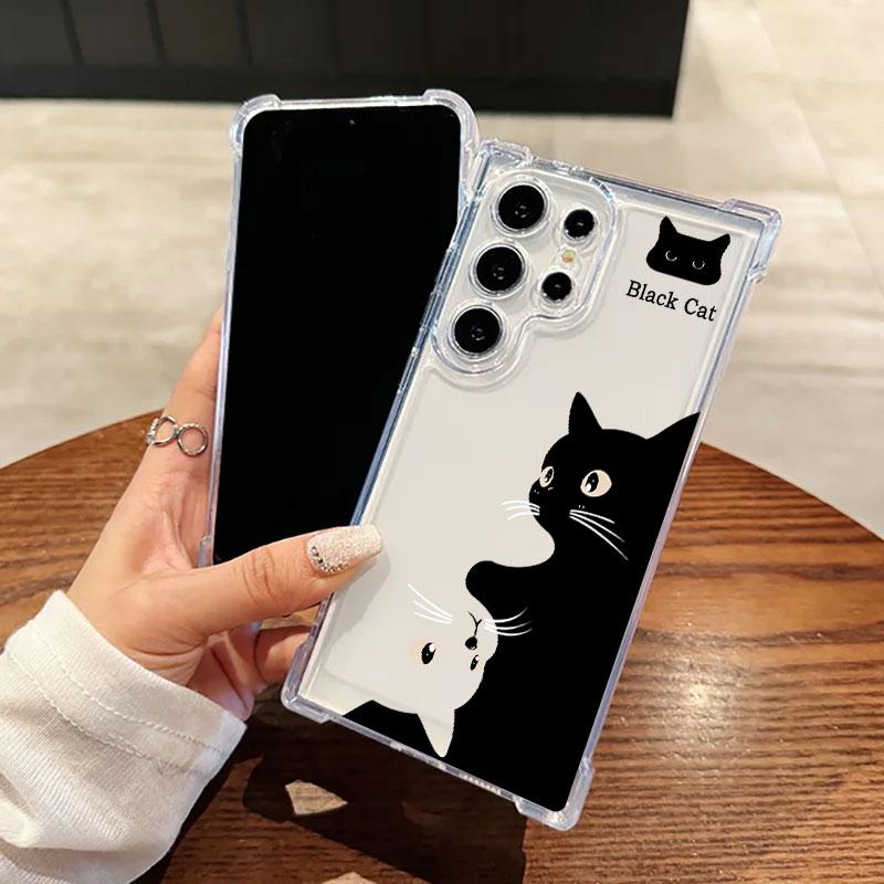 Black Cat Cartoon Art Phone Case For Samsung Galaxy S25 FE S24 S23 S22 S21 Ultra S20 Plus Note 20 10 S25FE Soft Shockproof Cover
