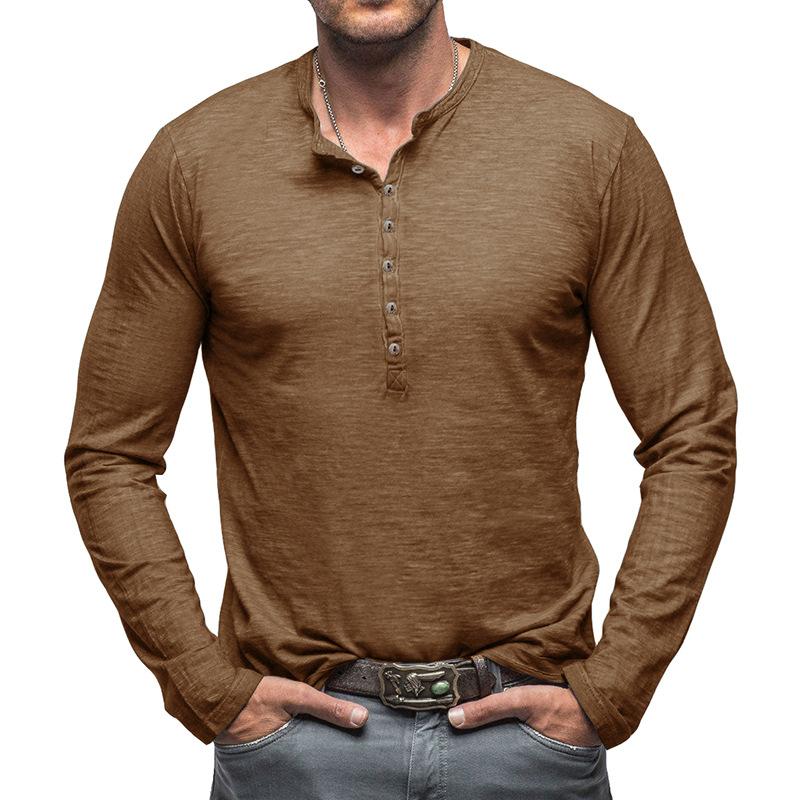 Men's Deep Blue Henley Neck Long Sleeve Casual Shirt with Stretch Comfort Fit