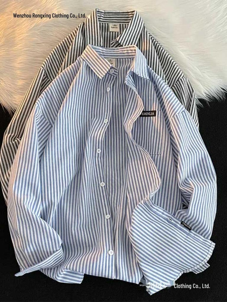 Spring & Autumn Vertical Striped Long Sleeve Men's Shirt: Pique Casual Hong Kong, Korean & Japanese Yuppie Style for Teens