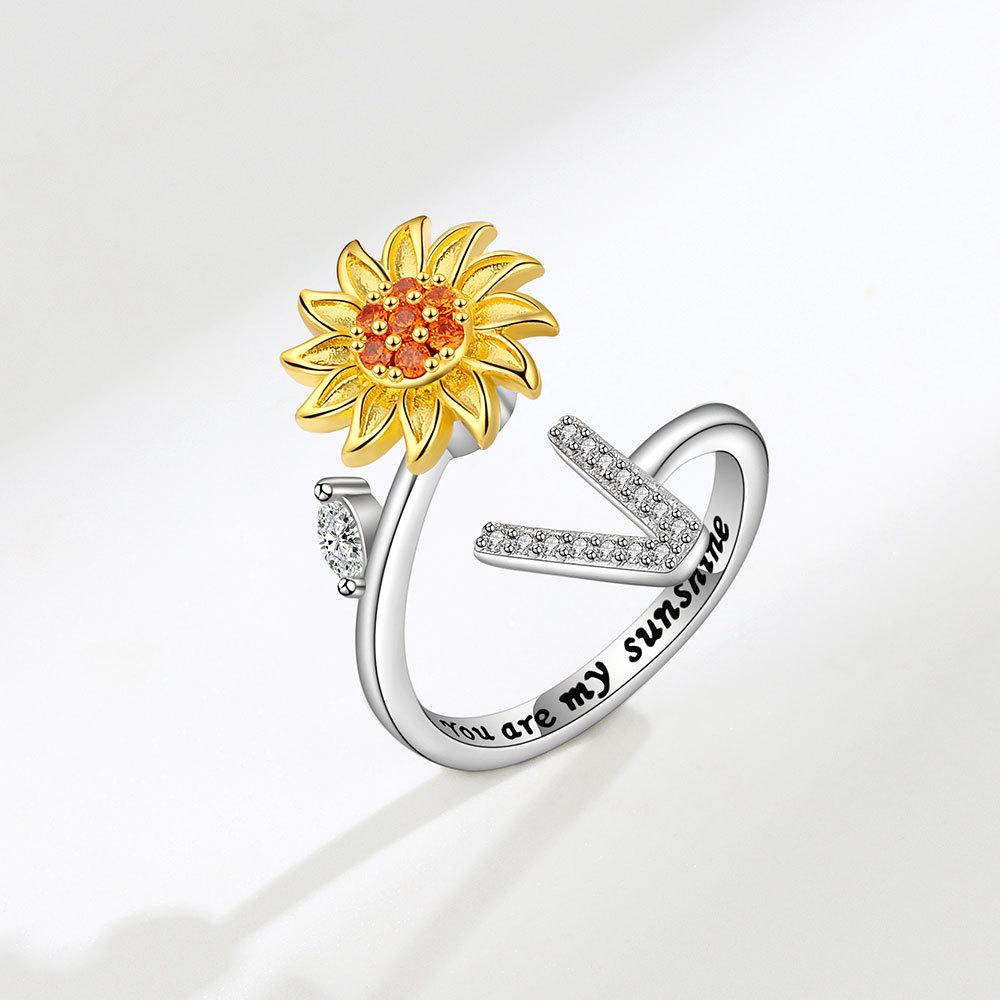 Creative Sunflower Rotating Ring 26 Letters Adjustable Open Design Women's Fashion Finger Jewelry Daily Wear & Gift Accessories
