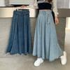 Women's Blue A Line Denim Pleated Skirt Y2k Sashes Long Jean Skirts Harajuku Vintage Korean High Waisted Cowboy Skirt Clothes