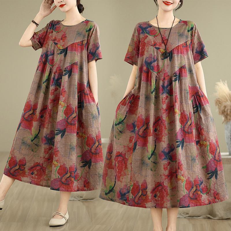DIMANAF 2025 Women Plus Size Spring Summer Dress Casual Floral Dress Basic Vintage Loose Long Dress Maxi 9322
