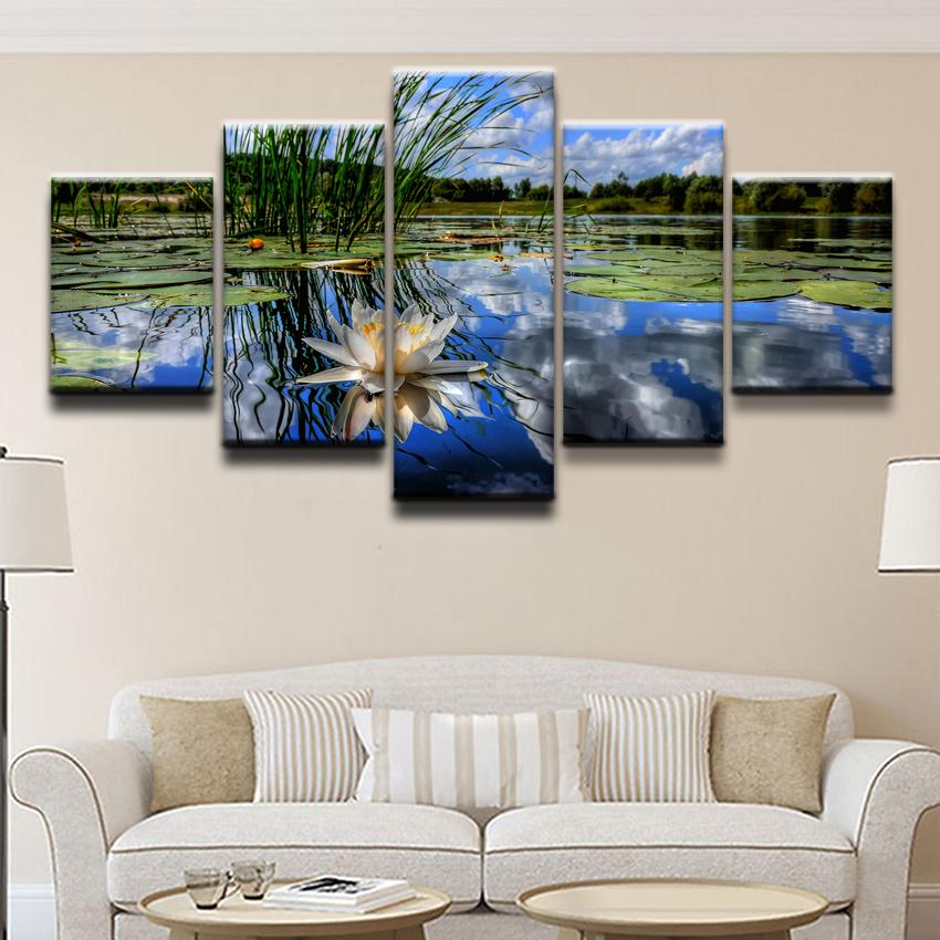 

Настенные художественные фотографии, домашний декор, постеры для комнаты, 5 шт., HD-принты, цветок, озеро, пруд, отражение, кувшинки, печать на холсте, без рамки