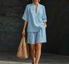 Vintage Style Women's Linen Suit: Loose V-Neck Top & Wide Leg Pants Two-Piece Set for Summer