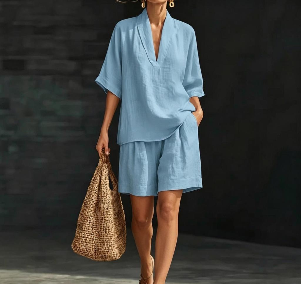 Vintage Style Women's Linen Suit: Loose V-Neck Top & Wide Leg Pants Two-Piece Set for Summer