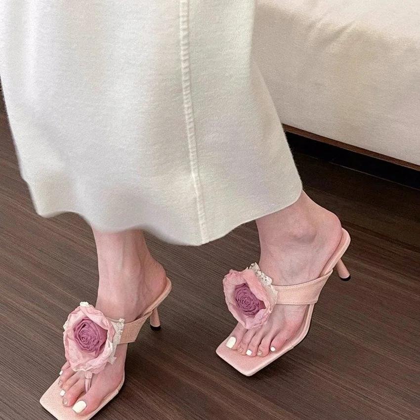 Tofflor För Kvinnor Damer Höga klackar Sommar Flipflops Öppen tå Blommor Bohemisk S För Kvinnor Sandaler Lädersandaler Kvinna Ny