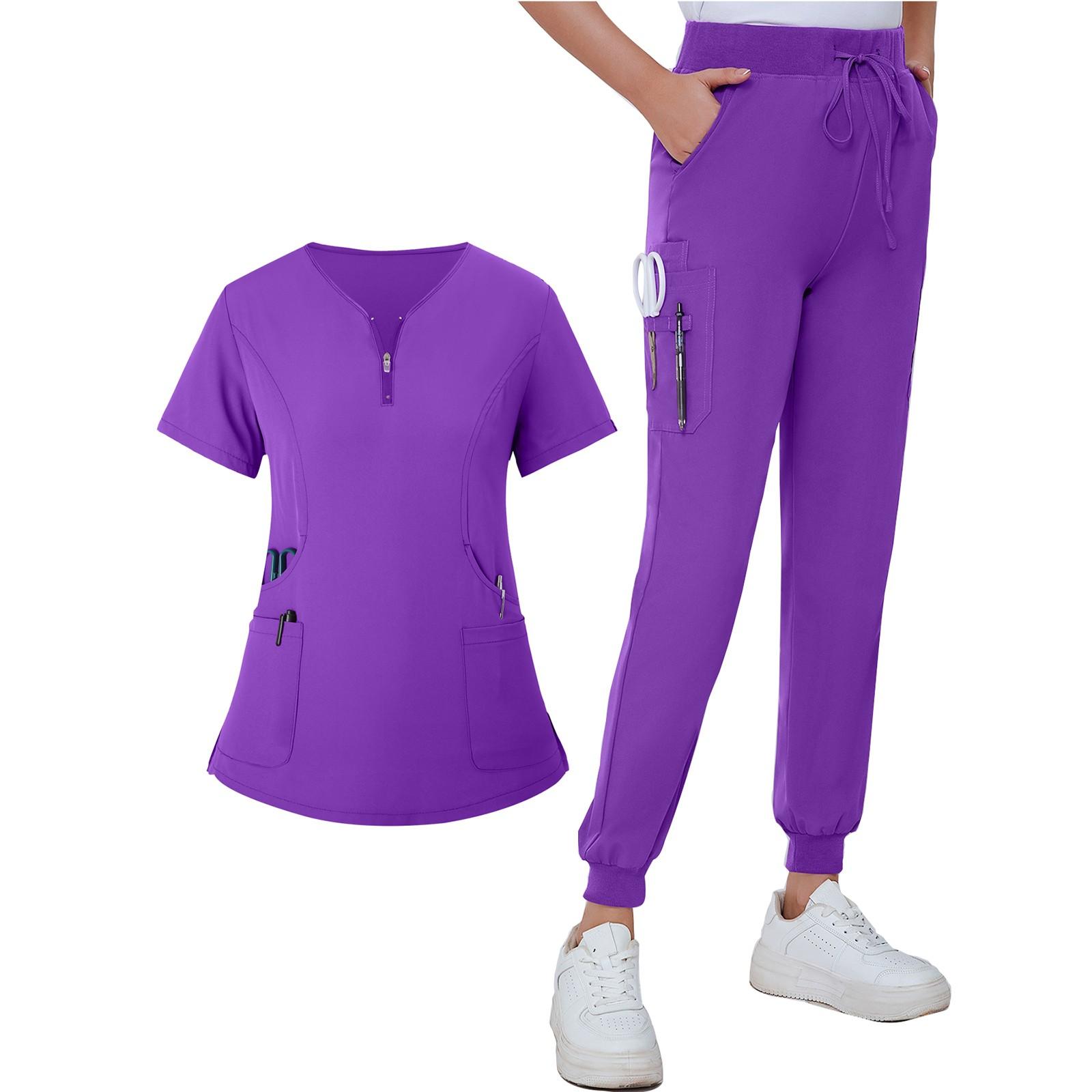 Женская летняя свободная униформа с V-образным вырезом на молнии с карманами и короткими — фото 9