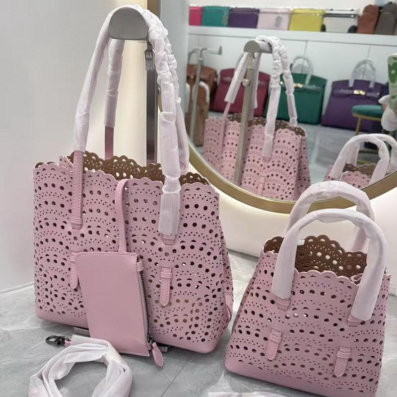 New cowhide leather high-end hollow vegetable basket bucket bag tote bag one shoulder crossbody handbag women