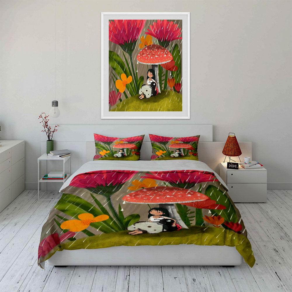 Fairytale Decor Mushroom Rain Scene Soft Comfortable Duvet Cover Bedding Set Included 1*Duvet Cover & 2*Pillowcases, Gift