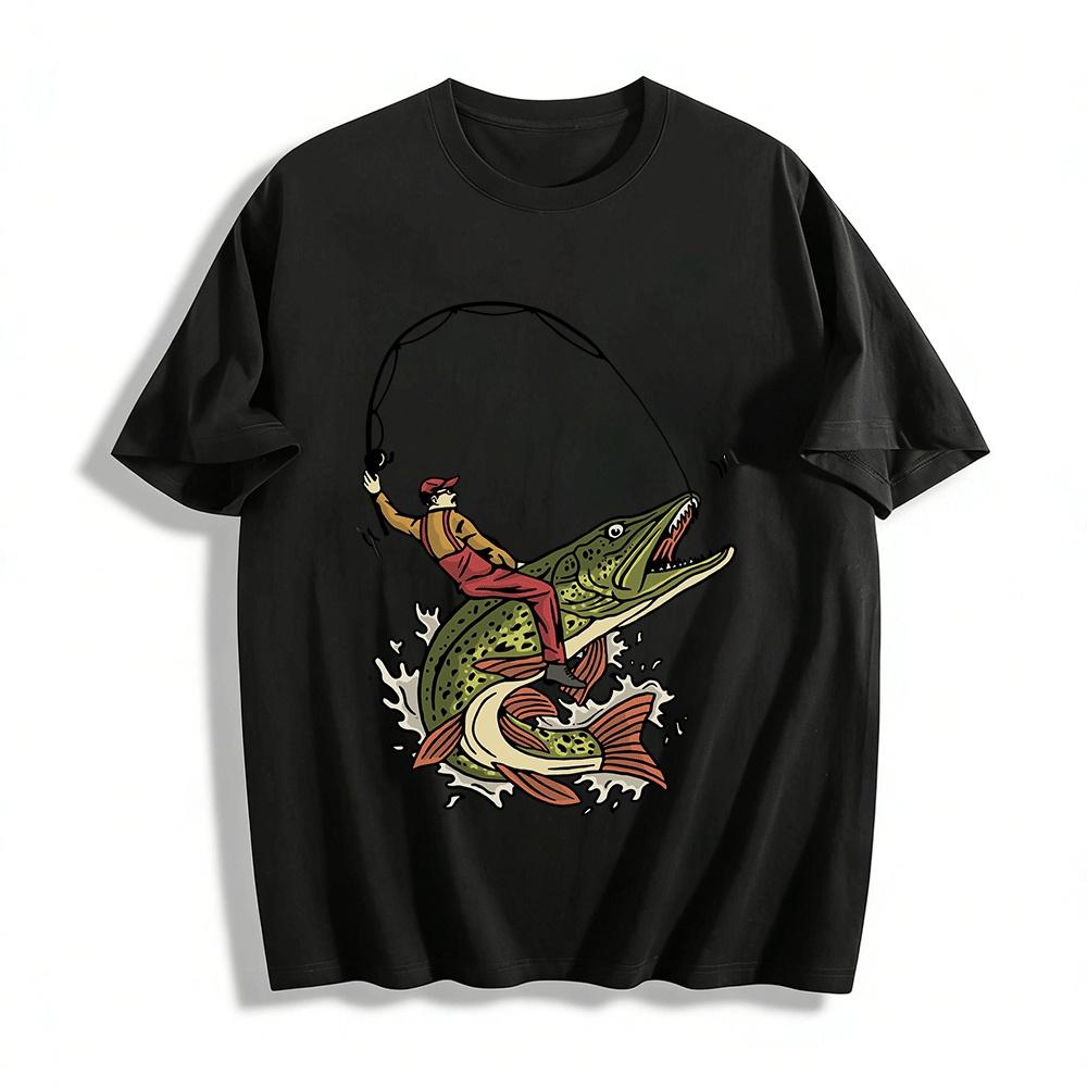 

Funny Riding Big Pike Fishing Graphic Casual T-Shirt Pure cotton T-shirt 6XL